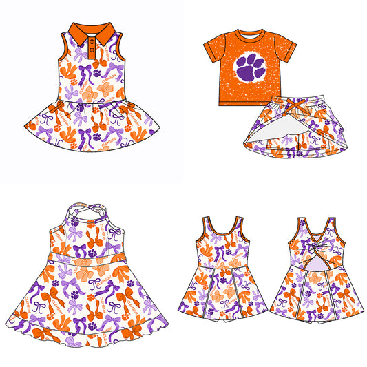 (Custom Design Preorder MOQ 5 Each Color) Team's CLEMSON Bows Print Girls Summer Clothes Sisters Matching Wear