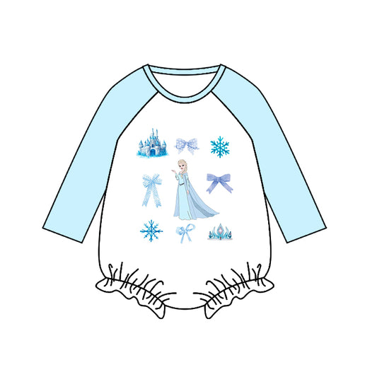 (Custom Design Preorder MOQ 5) Cartoon Princess Blue Print Baby Girls Romper