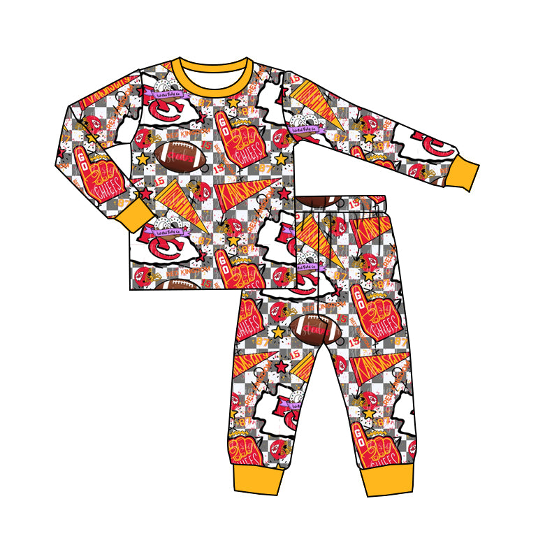 (Custom Design Preorder MOQ 5) Team's KC Yellow Print Kids Fall Pajamas Clothes Set