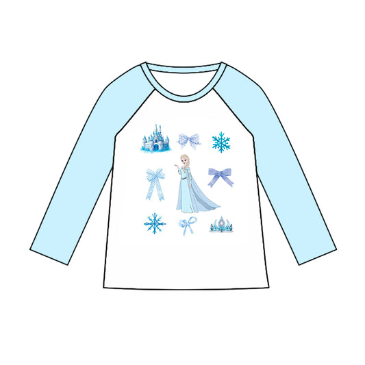 (Custom Design Preorder MOQ 5) Cartoon Princess Blue Print Girls Tee Shirts Top