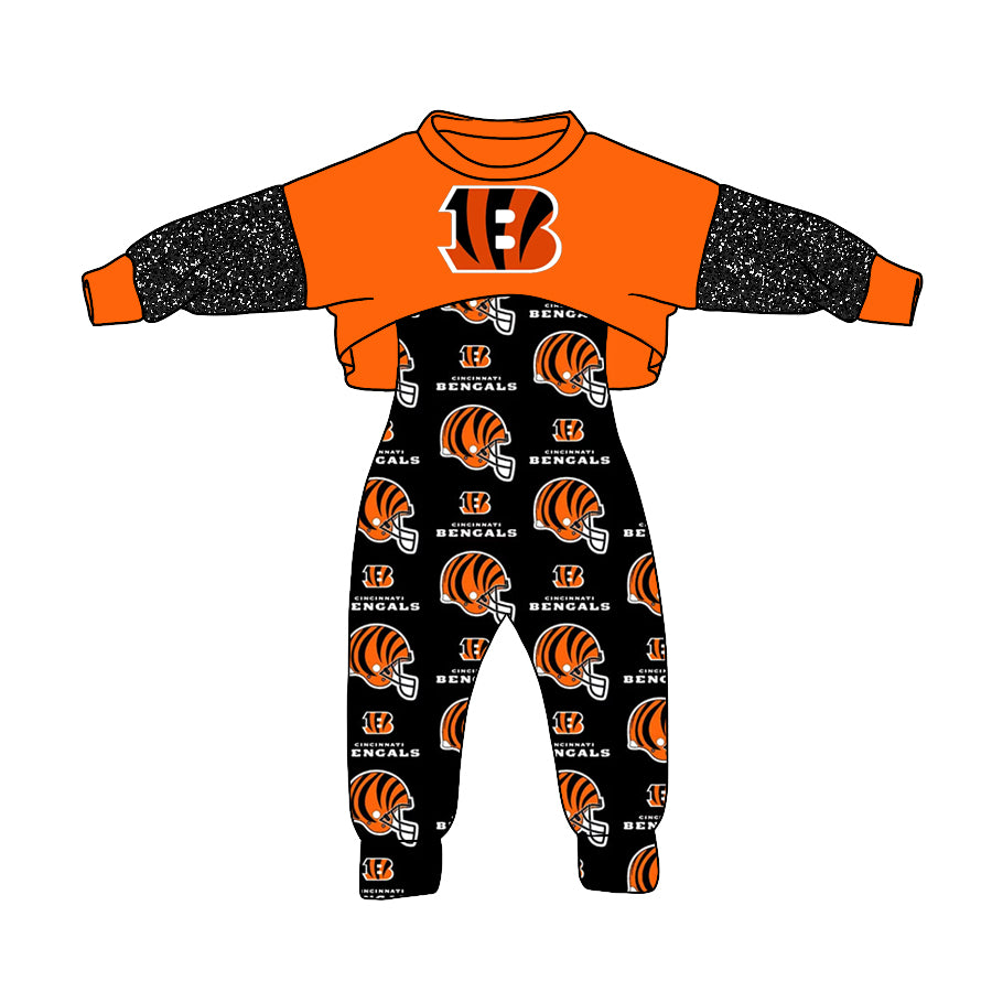 (Custom Design MOQ 5)  NO.6 Orange Football Team's Print Girls Jumpsuits Clothes Set