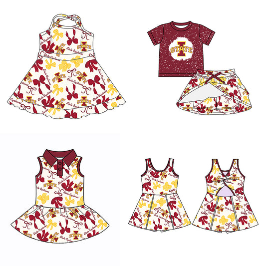 (Custom Design Preorder MOQ 5 Each Color) Team's STATE Bows Print Girls Summer Clothes Sisters Matching Wear