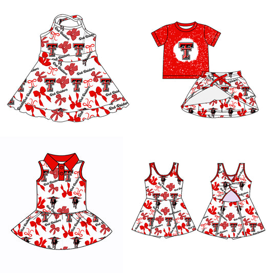 (Custom Design Preorder MOQ 5 Each Color) Team's Texas Tech Red Raiders Bows Print Girls Summer Clothes Sisters Matching Wear