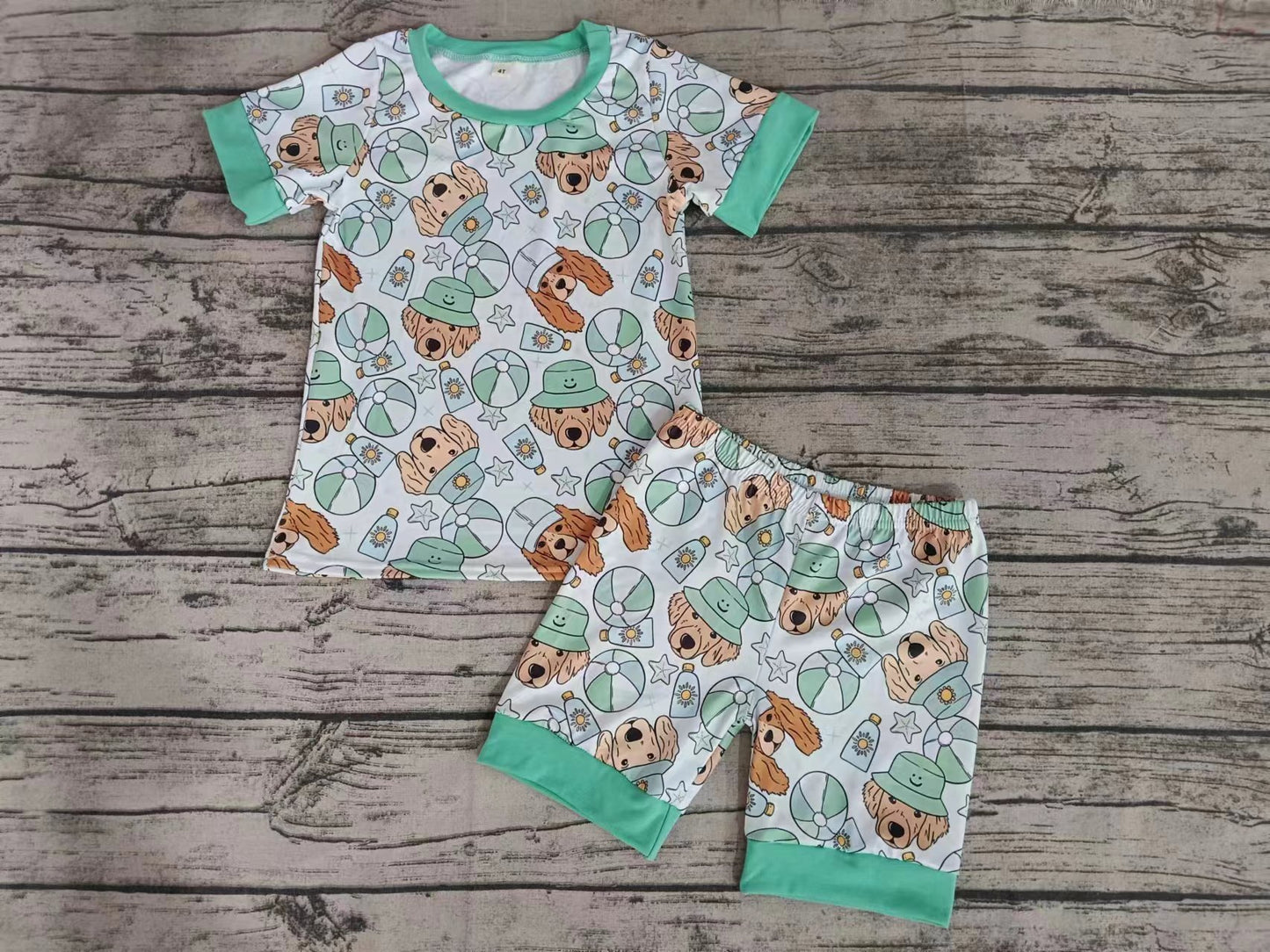 (Custom Design Preorder MOQ 5)  Dog Ball Print Boys Summer Pajamas Clothes Set