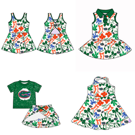 (Custom Design Preorder MOQ 5 Each Color) Team's FLORIDA Bows Print Girls Summer Clothes Sisters Matching Wear
