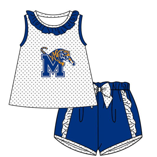 (Custom Design Preorder MOQ 5)  Team's Memphis Tigers Top Blue Shorts Girls Summer Clothes Set