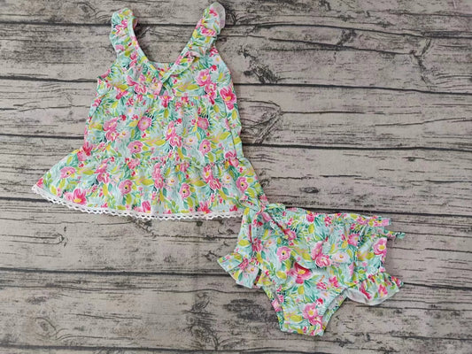 (Custom Design Preorder MOQ 5)  Green Flowers Print Girls 2 Pieces Swimsuits