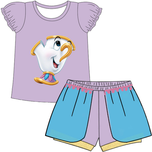 (Custom Design Preorder MOQ 5) Cartoon Cup Print Girls Summer Clothes Set