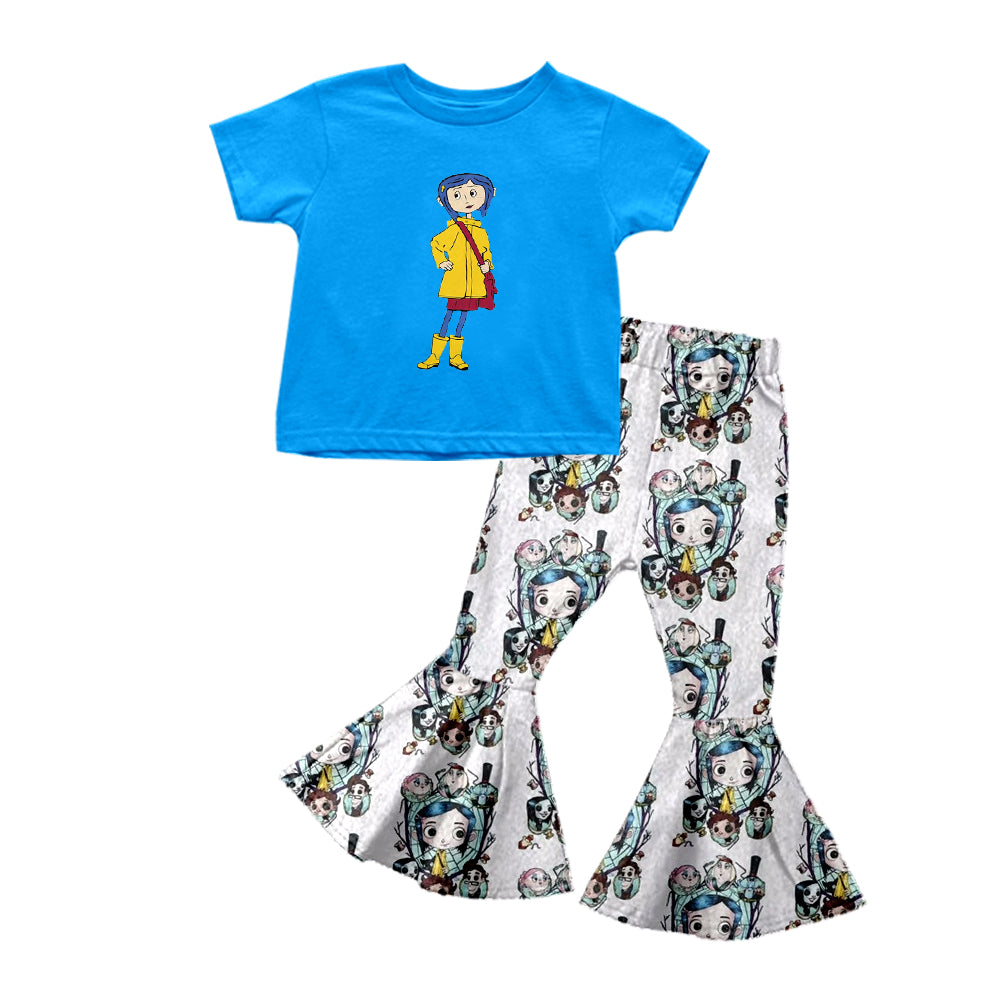 (Custom Design Preorder MOQ 5) Cartoon Coraline Blue Top White Bell Pants Girls Halloween Clothes Set