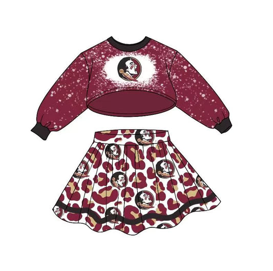 (Custom Design MOQ 5) Wine Long Sleeve Top Leopard Skirts Girls Football Team's Clothes Set