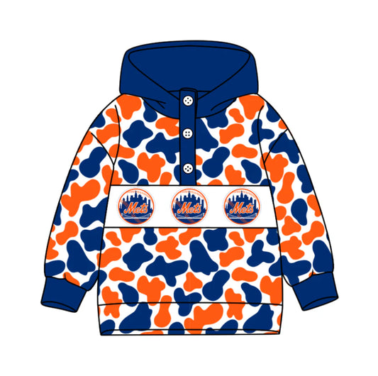 (Custom Design Preorder MOQ 5) Team's New York Mets Camo Print Kids Long Sleeve Buttons Hoodie Top