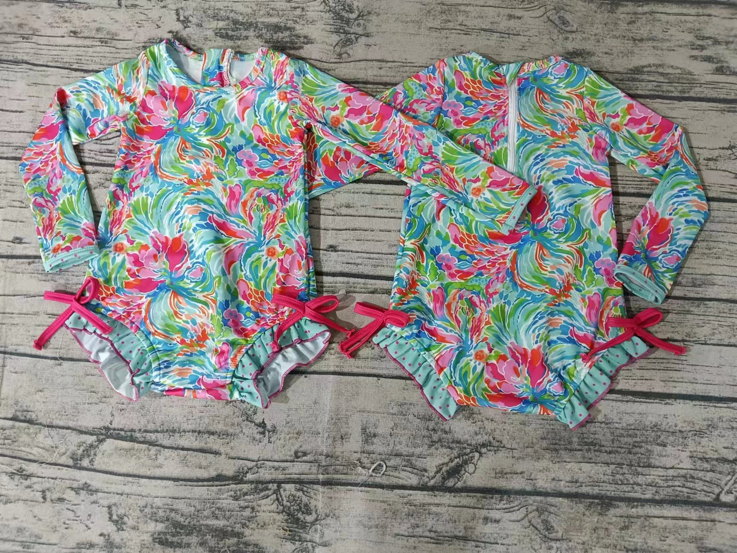 (Custom Design Preorder MOQ 5)  Colorful Flowers Print Girls 1 Piece Long Sleeve Swimsuits