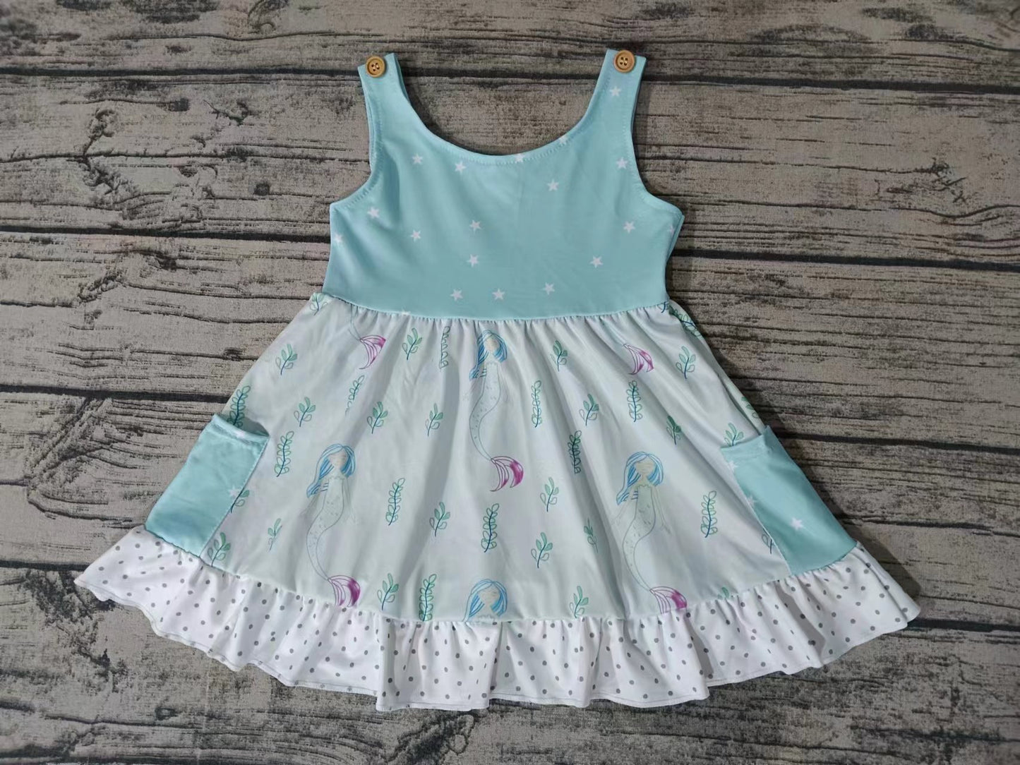 (Custom Design Preorder MOQ 5) Mermaid Print Girls Knee Length Summer Dress