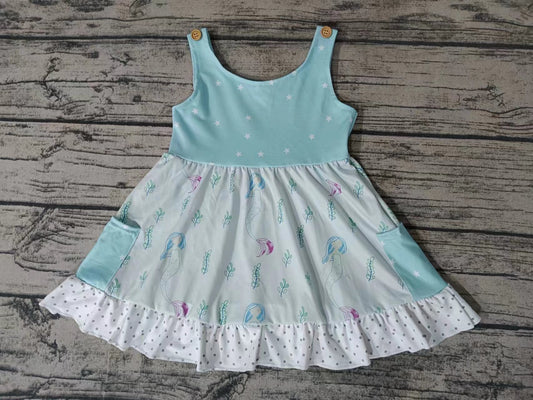 (Custom Design Preorder MOQ 5) Mermaid Print Girls Knee Length Summer Dress