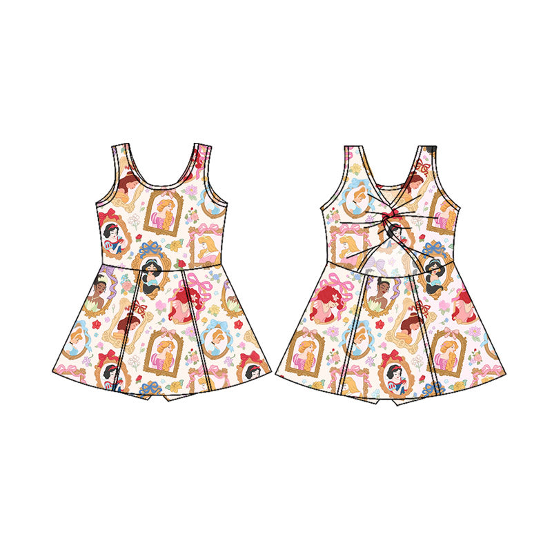 (Custom Design Preorder MOQ 5 Each Item) 5-8 Styles Cartoon Princess Print Backless Shorts Skirts Girls Summer Yoga Dress
