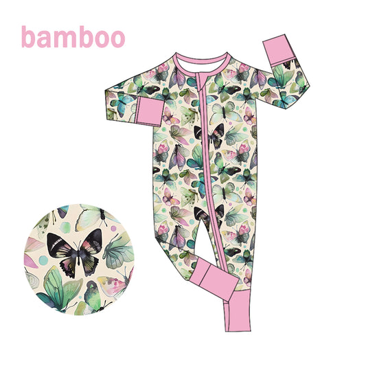(Custom Design Preorder MOQ 20) Butterfly Print Baby Girls Long Sleeve Bamboo Sleeper Zipper Romper