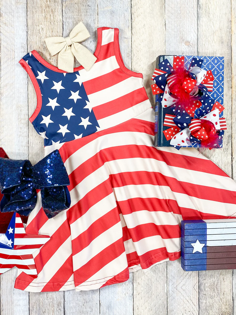 (Custom Design Preorder MOQ 5) Stars Stripes Print Girls 4th of July Knee Length Dress