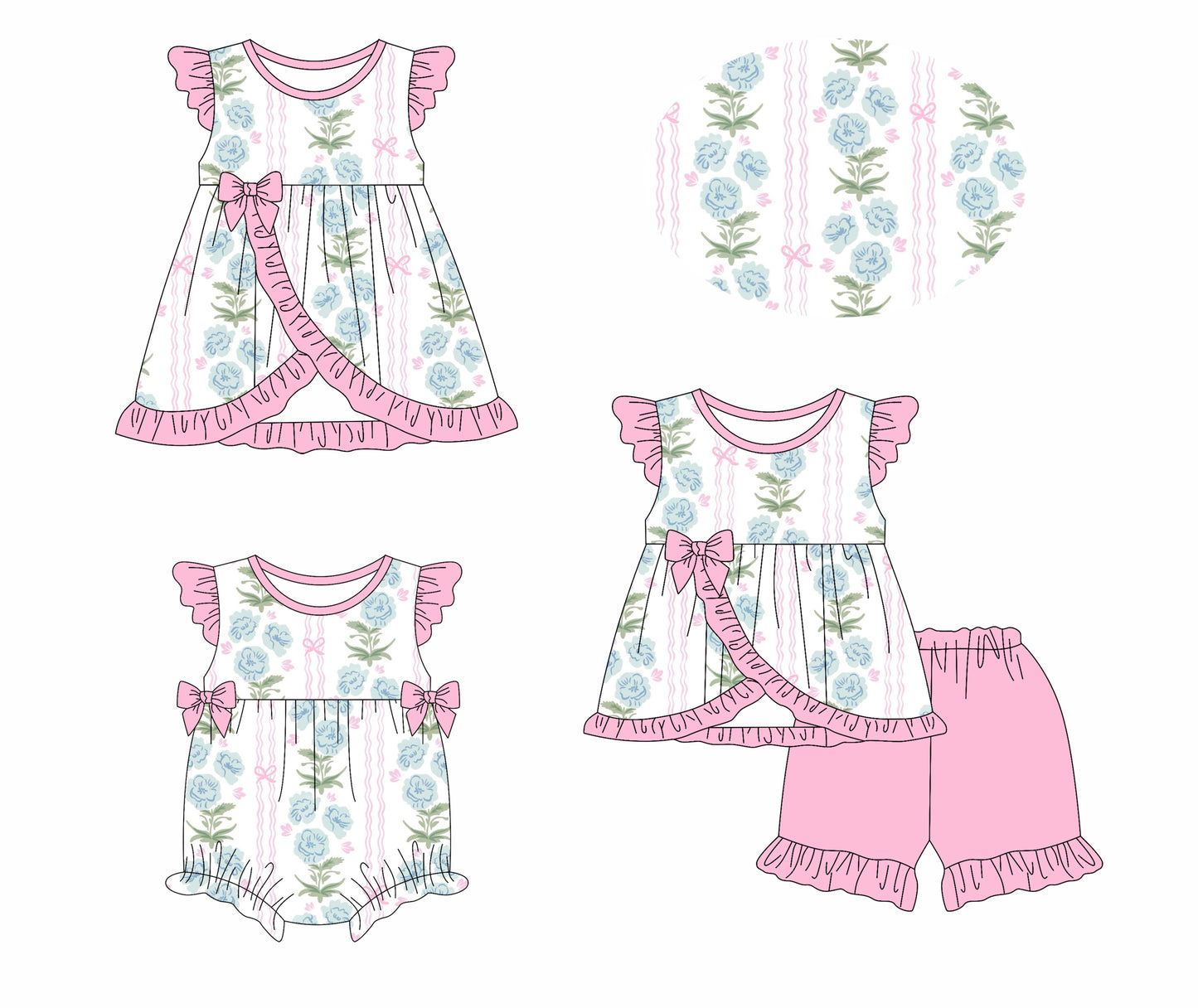 3.8(Custom Design Preorder MOQ 5 Each Design) Flowers Bows Print Girls Summer Matching Clothes Sisters Wear