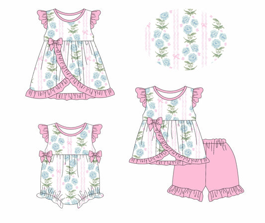 3.8(Custom Design Preorder MOQ 5 Each Design) Flowers Bows Print Girls Summer Matching Clothes Sisters Wear