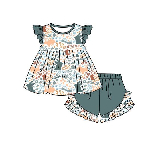 (Custom Design Preorder MOQ 5) Bunny Flowers Top Ruffle Shorts Girls Easter Clothes Set
