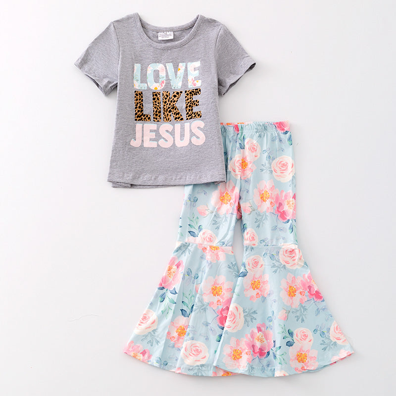 (Custom Design Preorder MOQ 5) Love Like Jesus Top Flowers Bell Pants Girls Clothes Set