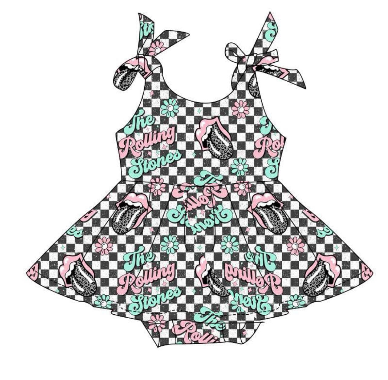 (Custom Design Preorder MOQ 5) Stones Flowers Black Plaid Print Baby Girls Summer Romper