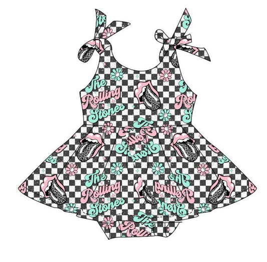 (Custom Design Preorder MOQ 5) Stones Flowers Black Plaid Print Baby Girls Summer Romper