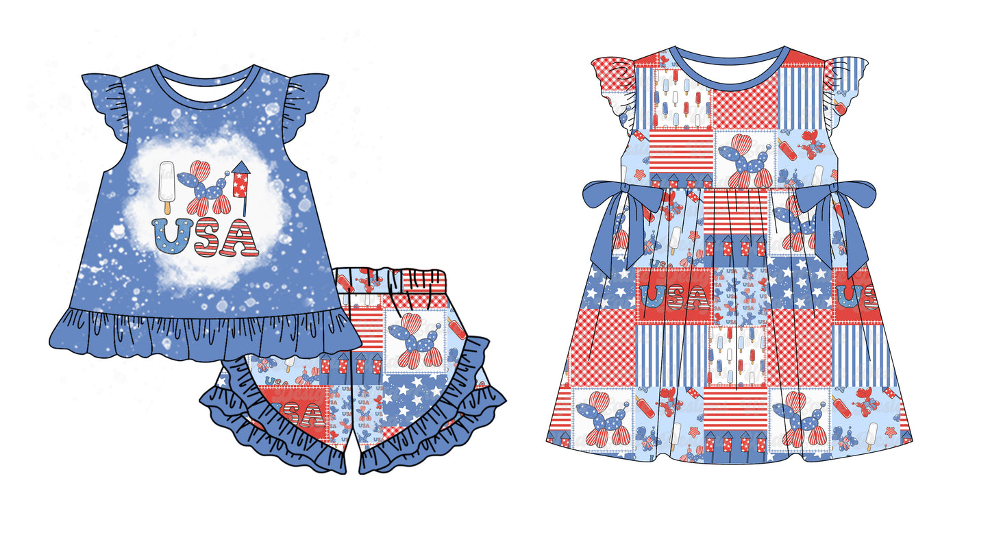 1.3(Custom Design Preorder MOQ 5 Each Design) Balloon Dog USA Print Girls 4th of July Matching Clothes Sisters Wear