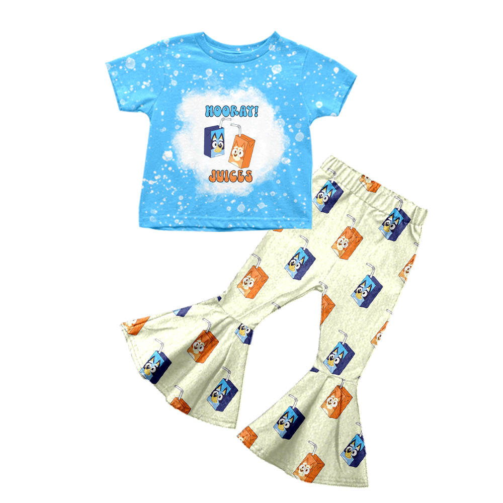 (Custom Design Preorder MOQ 5) Cartoon Dog Juice Boxes Print Bell Pants Girls Clothes Set