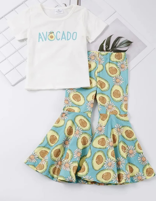 (Custom Design Preorder MOQ 5)  Avocado Flowers Print Bell Pants Girls Clothes Set