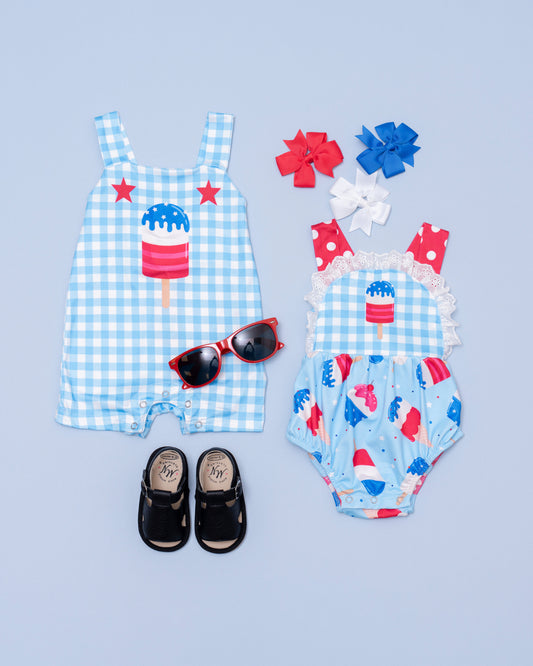 (Custom Design Preorder MOQ 5) Popsicle Blue Plaid Print Baby 4th of July Romper Sibling Wear