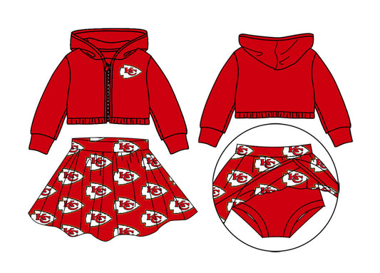 (Custom Design Preorder MOQ 5) Team's KC Chiefs Red Jacket Zipper Hoodie Top Shorts Skirts Girls Clothes Set