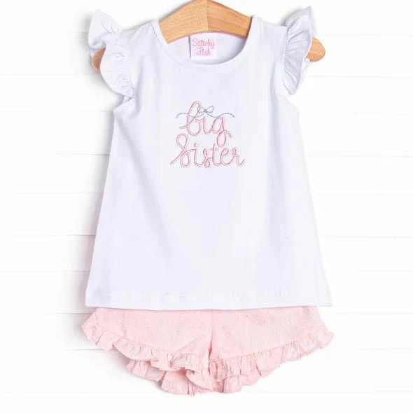 (Custom Design Preorder MOQ 5)  Big Sister Top Pink Shorts Girls Summer Clothes Set