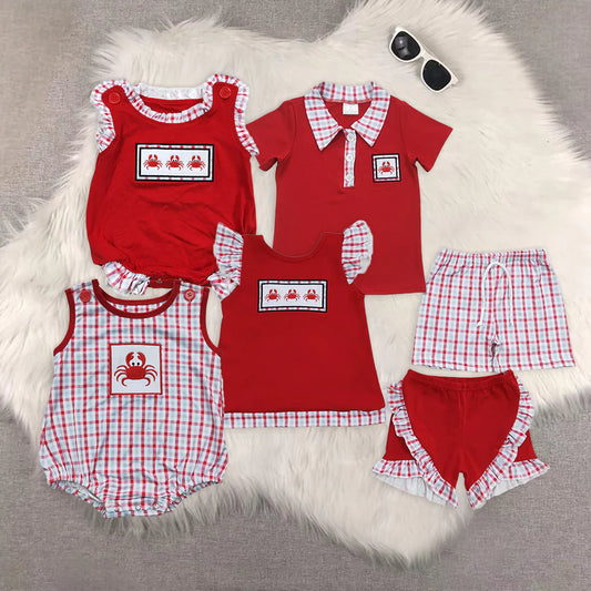 Crab Embroidery Plaid Print Sibling Summer Matching Clothes
