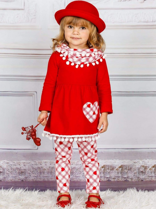 (Custom Design MOQ 5)  Red Tunic Top Heart Legging Pants Pom-pom Girls 3 Pieces Valentine's Clothes set