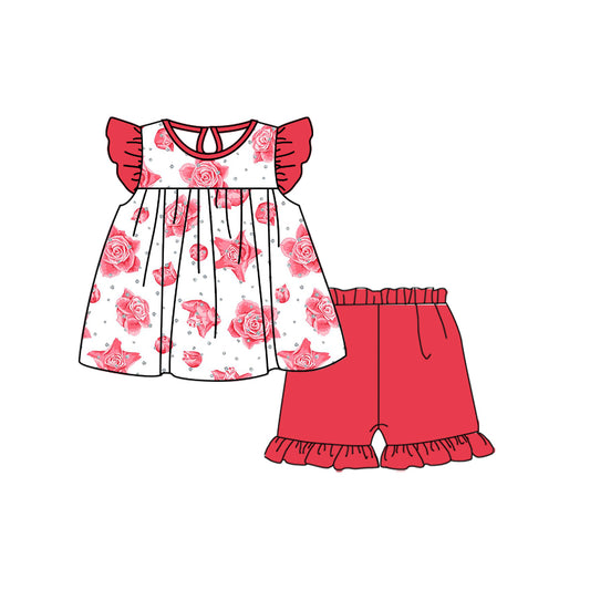 (Custom Design Preorder MOQ 5) Red Rose Print Top Ruffle Shorts Girls Summer Clothes Set