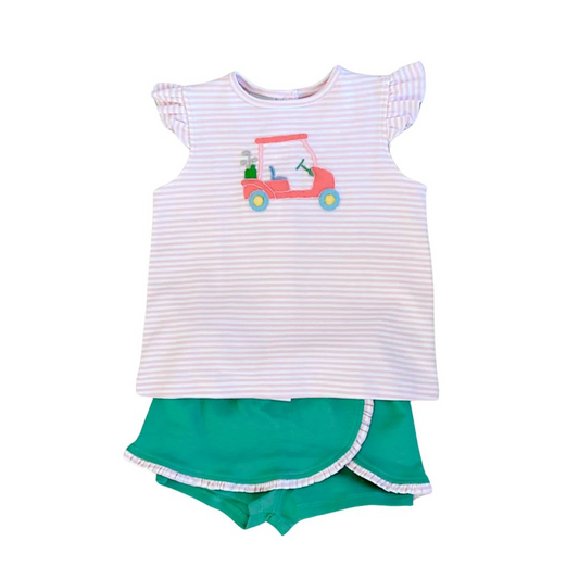 (Custom Design Preorder MOQ 5) Golf Trucks Stripes Top Green Shorts Girls Summer Clothes Set