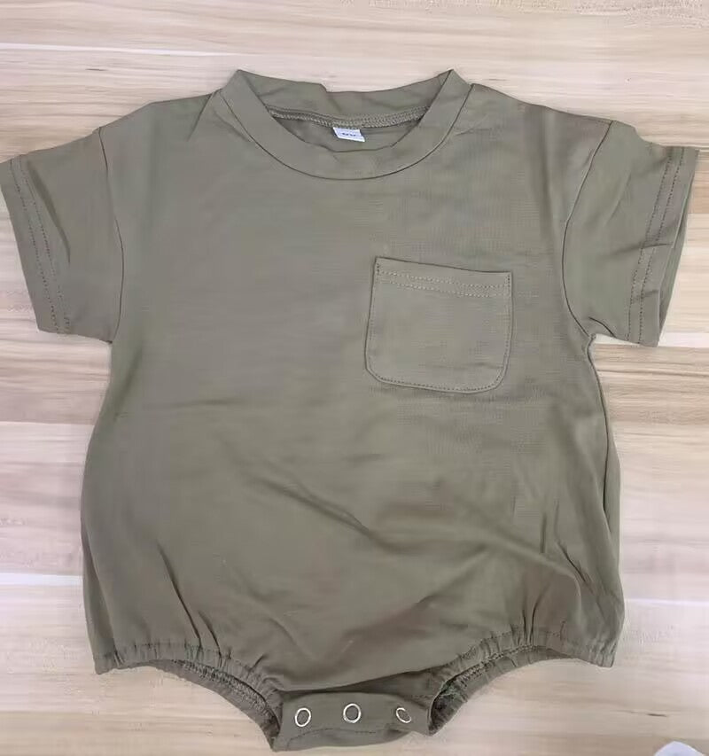 (Custom Design Preorder MOQ 5)  Dark Green Pocket Baby Summer Romper