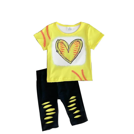 (Custom Design Preorder MOQ 5)  Softball Yellow Top Black Hole Shorts Girls Summer Clothes Set