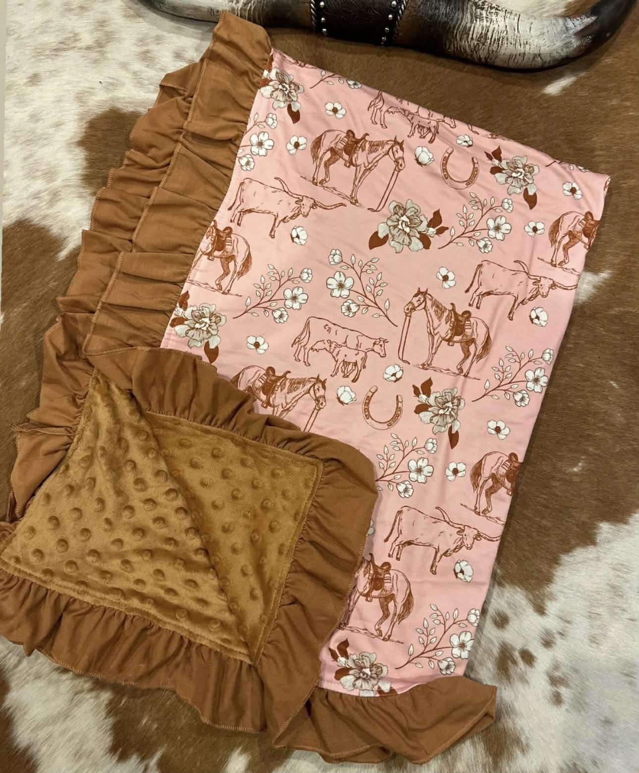 (Custom Design Preorder MOQ 5)  Horse Cows Flowers Print Baby Girls Western Brown Minky Blanket