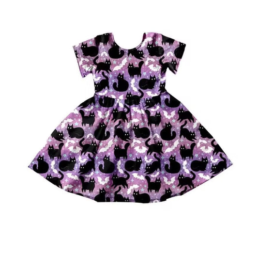 (Custom Design Preorder MOQ 5)  Black Cat Print Girls Knee Length Halloween Dress