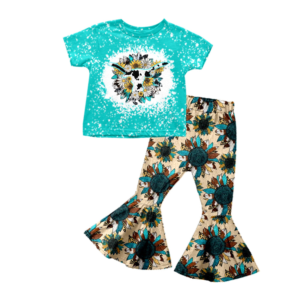 (Custom Design Preorder MOQ 5) Sunflowers Print Girls Bell Pants Clothes Set