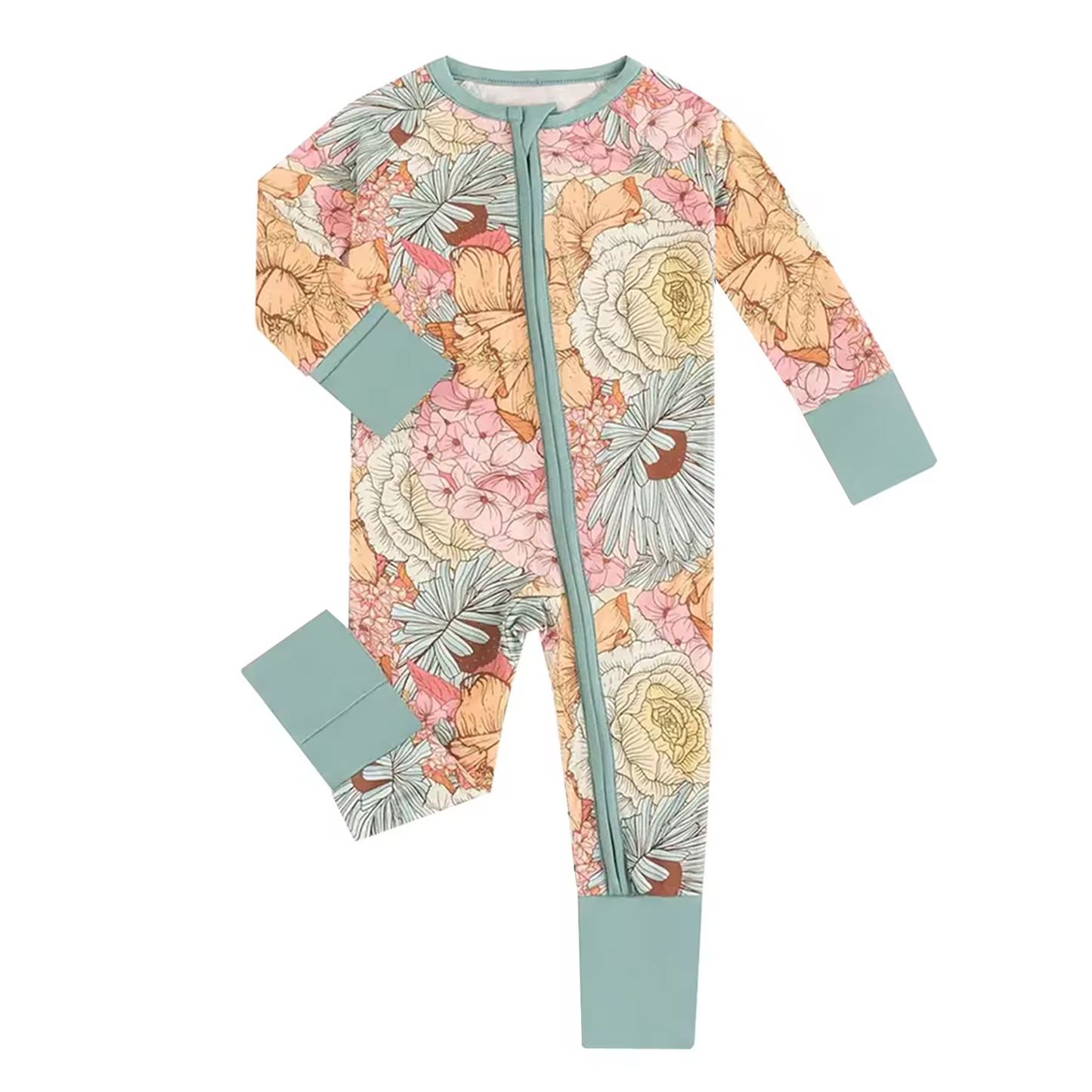 (Custom Design Preorder MOQ 5) Flowers Print Baby Girls Fall Sleeper Zipper Romper