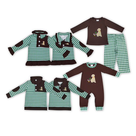 Dog Duck Embroidery Green Plaid Print Sibling Hunting Matching Clothes