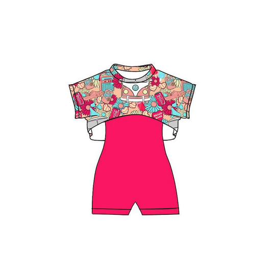 (Custom Design Preorder MOQ 5)  Flowers Bus Top Hot Pink Jumpsuits Girls Summer Clothes Set