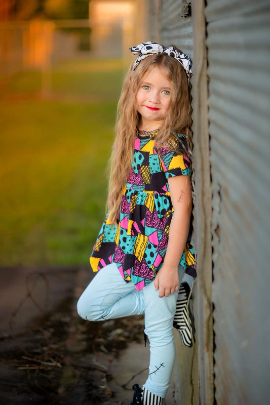 (Custom Design Preorder MOQ 5) Cartoon Movie Patch Tunic Top Blue Pants Girls Halloween Clothes Set