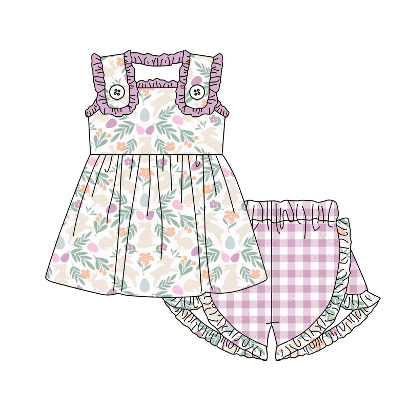 (Custom Design Preorder MOQ 5) Bunny Flowers Tunic Top Plaid Shorts Girls Easter Clothes Set