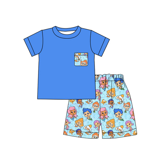 (Custom Design Preorder MOQ 5)  Blue Pocket Top Cartoon Fish Shorts Boys Summer Clothes Set