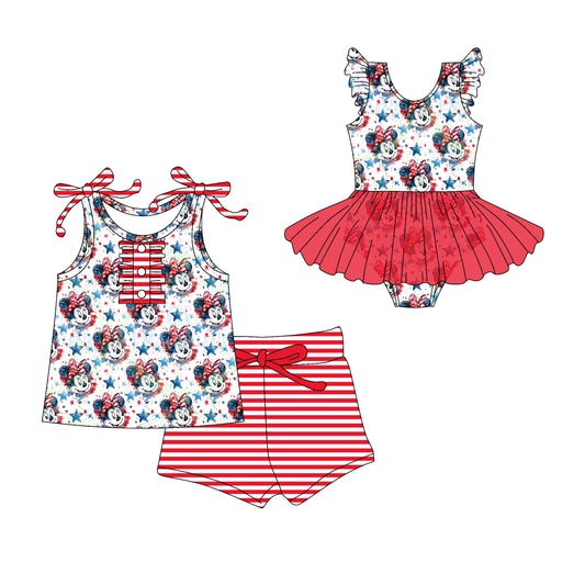3.10(Custom Design Preorder MOQ 5 Each Design) Cartoon Mouse Stars Print Girls July 4th Matching Clothes Sisters Wear
