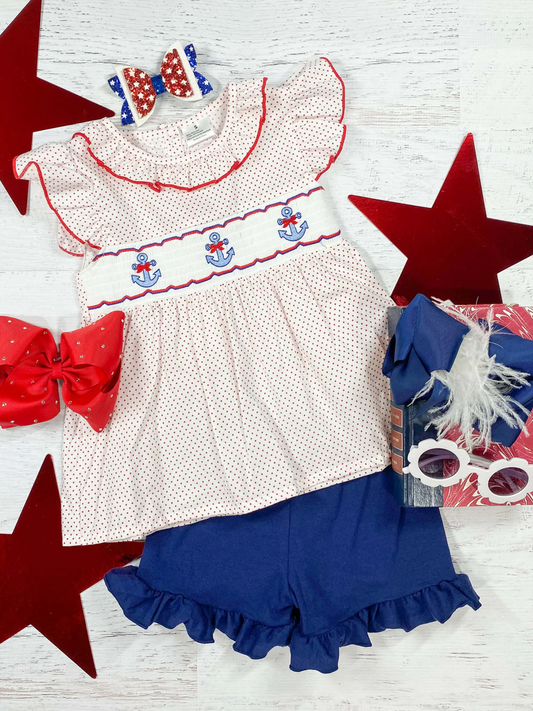 (Custom Design Preorder MOQ 5) Anchor Dots Tunic Top Blue Ruffle Shorts Girls 4th of July Clothes Set